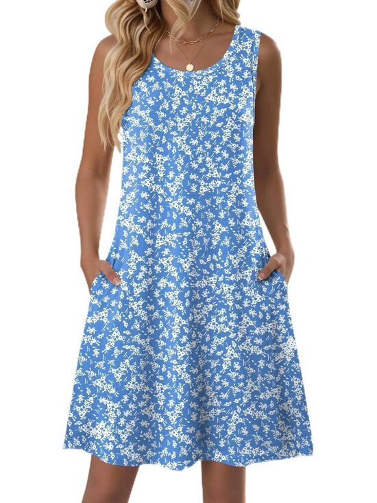 Dresses & Skirts - 〽️Blue Floral Sleeveless Swing Dress Women’s Crewneck A Line Summer Mini